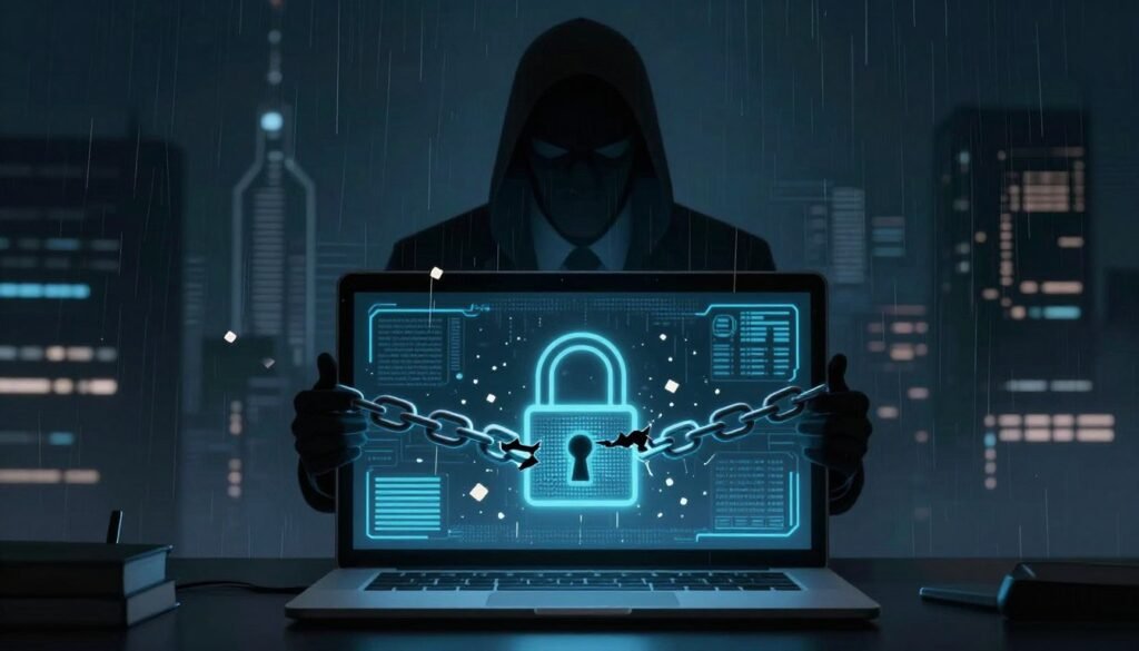 A visually striking digital illustration of the threats posed by free VPNs to personal data. In the foreground, a laptop screen displays a digital lock with broken chains symbolizing compromised security, surrounded by scattered data bits to represent personal information. In the middle ground, a shadowy figure in a suit, with a mysterious expression, looms over the laptop, emphasizing the lurking dangers of data theft. The background features a dark, abstract cityscape adorned with circuit patterns and digital rain, evoking a sense of a high-tech, yet perilous environment. Soft, dim lighting casts a foreboding atmosphere, while a slight blur effect enhances the ominous mood. The composition should direct the viewer’s focus on the central conflict between security and threat, without any text or distractions.