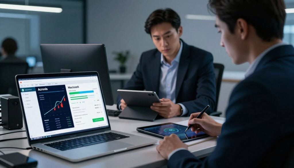 A visually striking image illustrating a speed test between Acronis and Macrium Reflect backup software, set in a modern tech workspace. In the foreground, a sleek laptop display shows a split screen: one side displaying the Acronis interface with progress bars and graphs, and the other showing Macrium Reflect with similar elements. In the middle ground, a professional in business attire is intently observing the screen, taking notes on a digital tablet. The background features a contemporary office with ambient lighting that highlights the technological aspects, such as external hard drives and network equipment. The atmosphere is focused and analytical, conveying a sense of urgency and precision in the backup process. Soft shadows and a cool color palette enhance the modern tech environment.